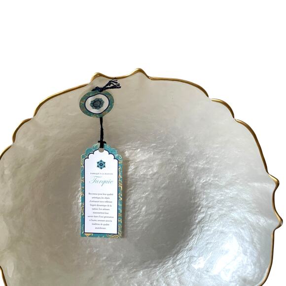 Akcam Pearl White Turkish Glass Bowl Scalloped Gold Edge 9.5" New - Picture 10 of 10